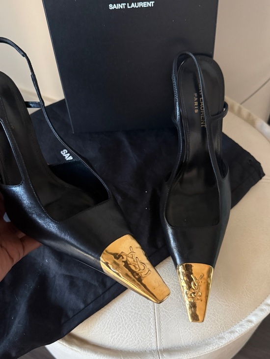 Saint Laurent Shoes - Saint Laurent Black Leather Slingback Pumps with Gold Cap Toe